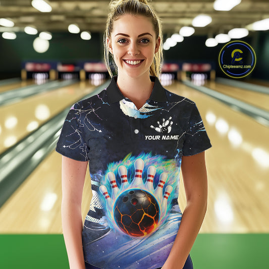 Blue hologram flame Bowling polo, 1/4 zip Shirts for Women Custom Bowling Team jerseys NQS11295