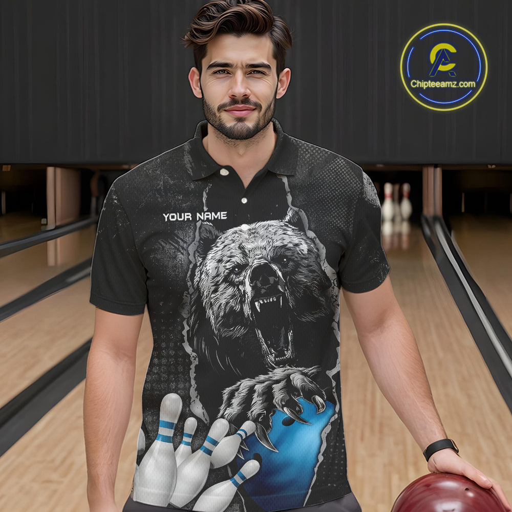 Blue and Black Bear grunge Custom Men Bowling Polo, Quarter Zip Shirts Bowling Team Jerseys Outfits NQS10166