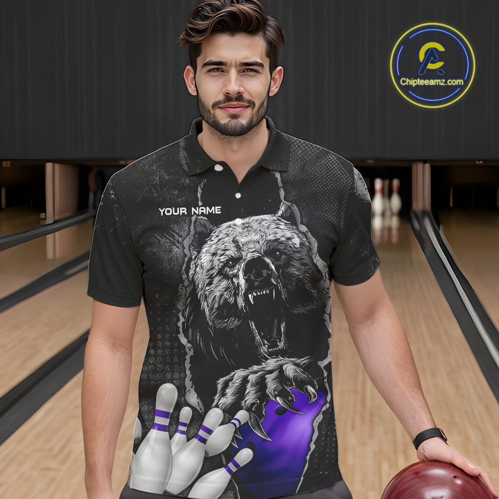 Purple and Black Bear grunge Custom Men Bowling Polo, Quarter Zip Shirts Bowling Team Jerseys Outfits NQS10167