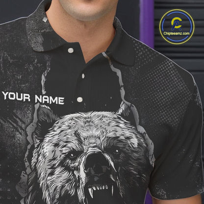 Purple and Black Bear grunge Custom Men Bowling Polo, Quarter Zip Shirts Bowling Team Jerseys Outfits NQS10167