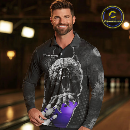 Purple and Black Bear grunge Custom Men Bowling Polo, Quarter Zip Shirts Bowling Team Jerseys Outfits NQS10167