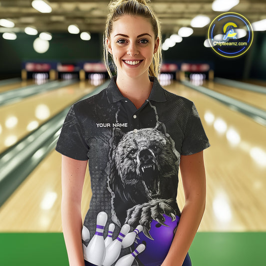 Purple and Black Bear grunge Custom Women Bowling Polo, 1/4 Zip Shirts Bowling Team Jerseys Outfits NQS10167