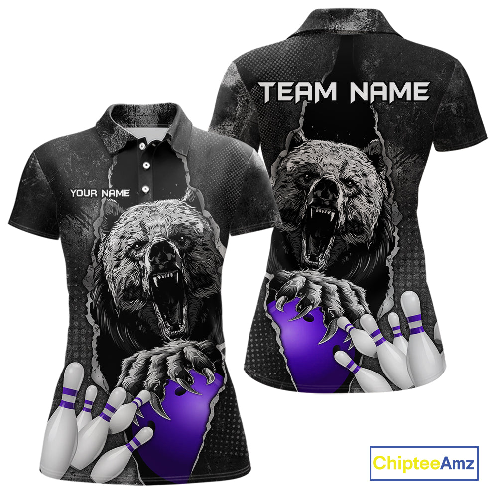 Purple and Black Bear grunge Custom Women Bowling Polo, 1/4 Zip Shirts Bowling Team Jerseys Outfits NQS10167