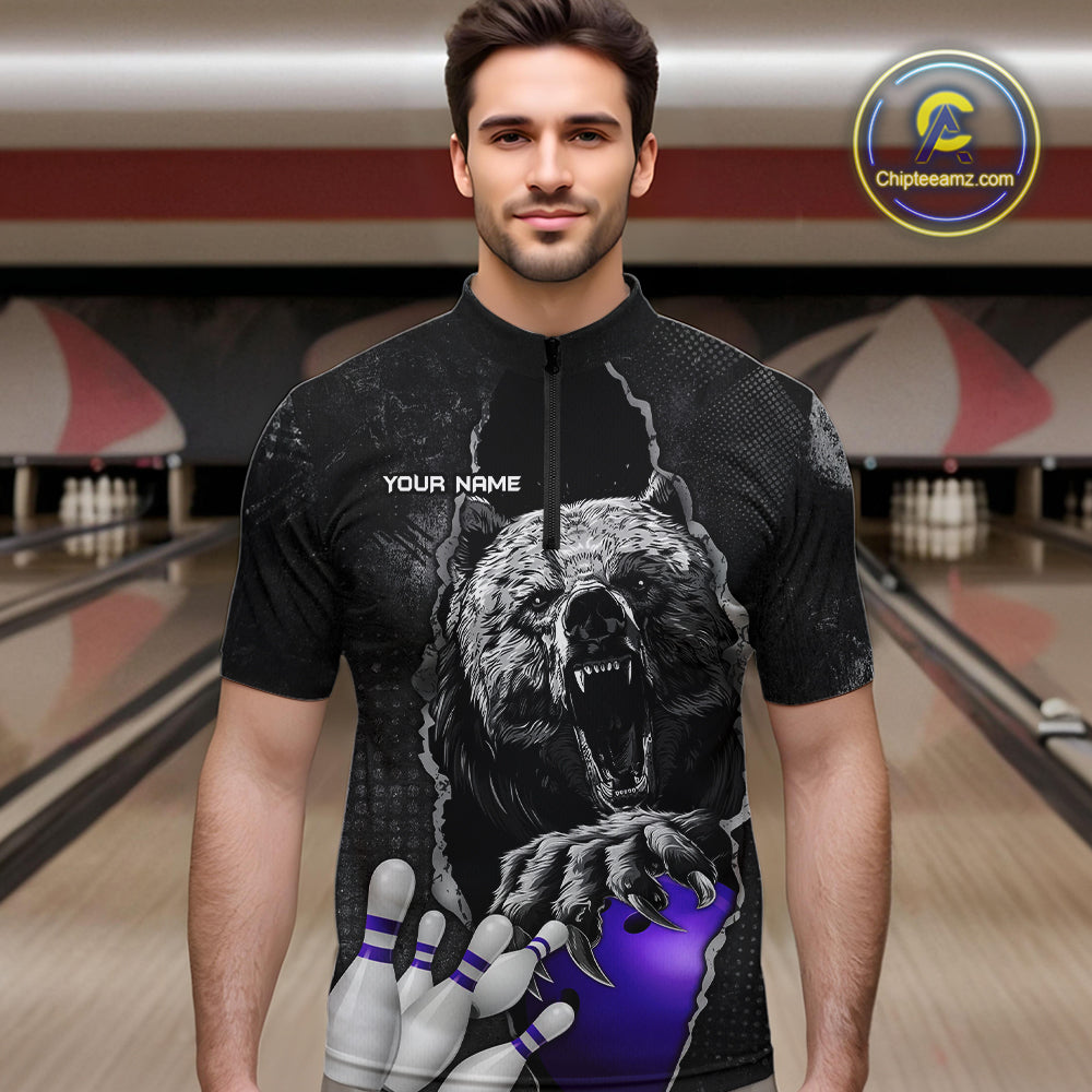 Purple and Black Bear grunge Custom Men Bowling Polo, Quarter Zip Shirts Bowling Team Jerseys Outfits NQS10167