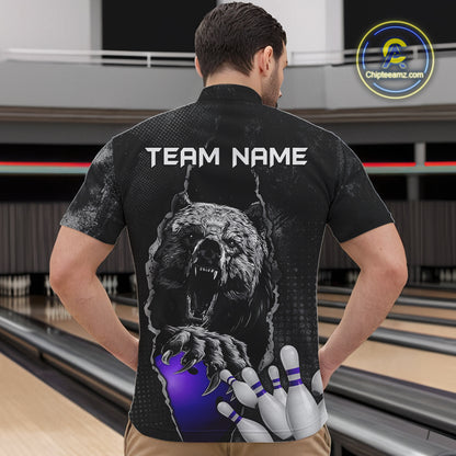 Purple and Black Bear grunge Custom Men Bowling Polo, Quarter Zip Shirts Bowling Team Jerseys Outfits NQS10167