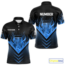 Load image into Gallery viewer, Black and Blue Fire Mens Disc golf polo shirts custom flame disc golf basket jerseys, disc golf shirt NQS10922