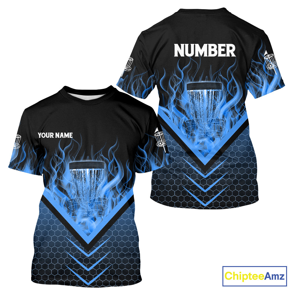 Black and Blue Fire Disc Golf T-Shirt custom flame disc golf basket jersey, disc golf shirt NQS10922