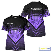 Load image into Gallery viewer, Black and Purple Fire Disc Golf T-Shirt custom flame disc golf basket jersey, disc golf shirt NQS10924