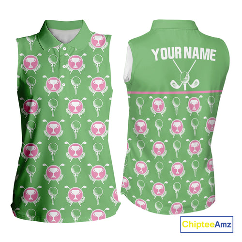 Green and Pink Golf pattern Sleeveless polo golf shirt Custom ladies's golf clothes, best golf gifts NQS11105