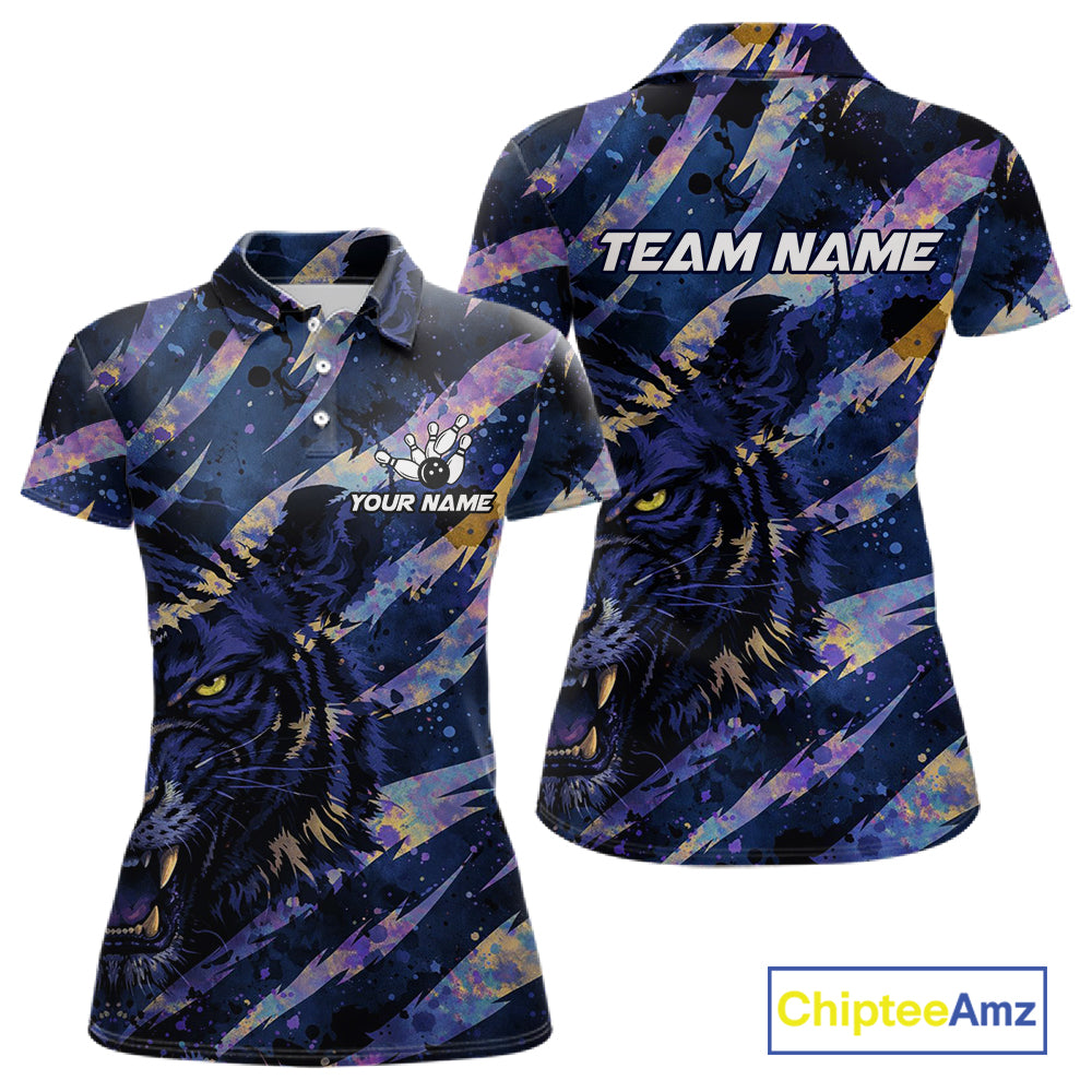 Blue and Purple watercolor Tiger Bowling Polo, Quarter Zip Shirt For Women Custom bowling Team outfit NQS11308