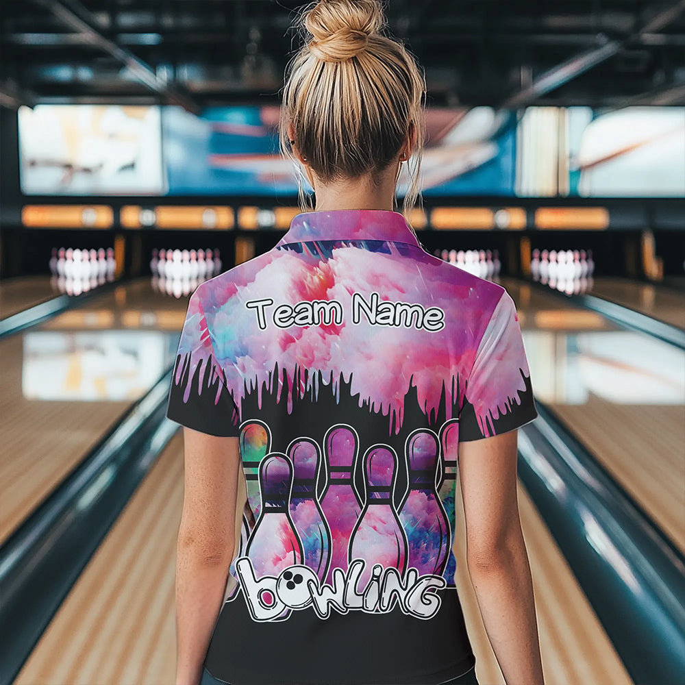 Black and Pink watercolor Bowling Polo, Quarter Zip Shirts For Women Custom Bowling Jersey Team Outfit NQS9593