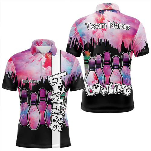 Black and Pink watercolor Bowling Polo, Quarter Zip Shirts For Men Custom Bowling Jersey Team Outfit NQS9593