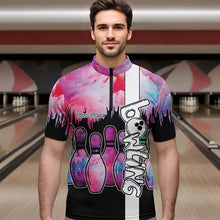 Load image into Gallery viewer, Black and Pink watercolor Bowling Polo, Quarter Zip Shirts For Men Custom Bowling Jersey Team Outfit NQS9593