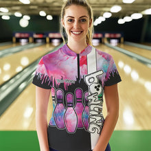 Load image into Gallery viewer, Black and Pink watercolor Bowling Polo, Quarter Zip Shirts For Women Custom Bowling Jersey Team Outfit NQS9593