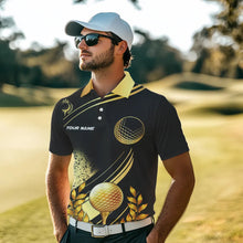 Load image into Gallery viewer, Black and Gold Mens Golf polo shirts custom golf apparel team jerseys, personalized golf gifts NQS9594