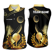 Load image into Gallery viewer, Black and Gold Women Sleeveless polo shirt custom golf apparel team jerseys, personalized golf gifts NQS9594