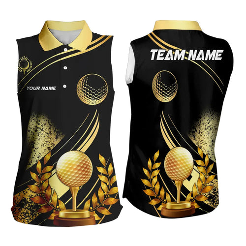 Black and Gold Women Sleeveless polo shirt custom golf apparel team jerseys, personalized golf gifts NQS9594