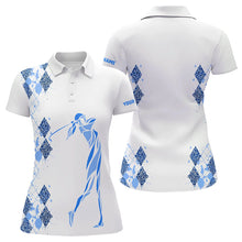 Load image into Gallery viewer, Blue Leopard argyle pattern white Women golf polo shirt custom golf wear for women, unique golf gifts NQS9736