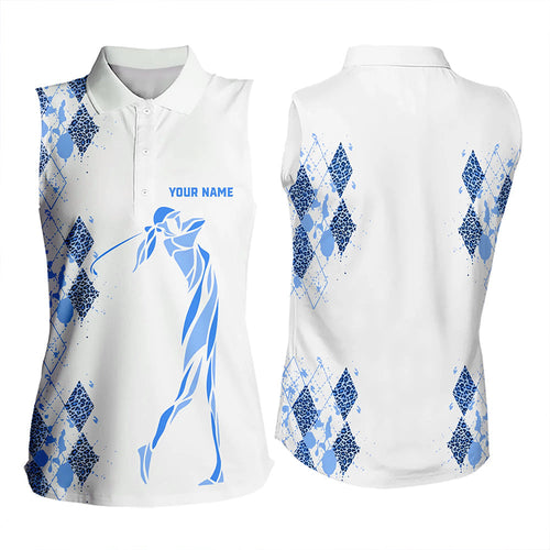 Blue Leopard argyle pattern white Women sleeveless golf polo shirt custom golf tank top for women NQS9736