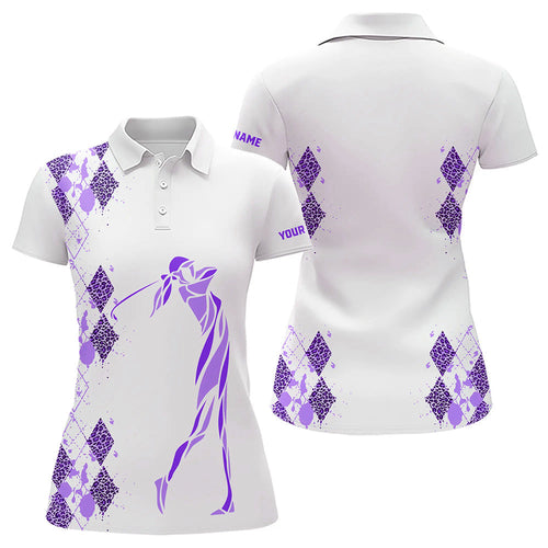 Purple Leopard argyle pattern white Women golf polo shirt custom golf wear for women, unique golf gift NQS9737