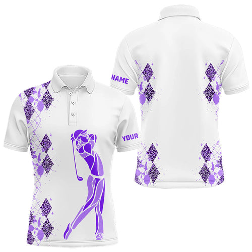 Purple Leopard argyle pattern white Men golf polo shirts custom golf wear for men, unique golf gifts NQS9737