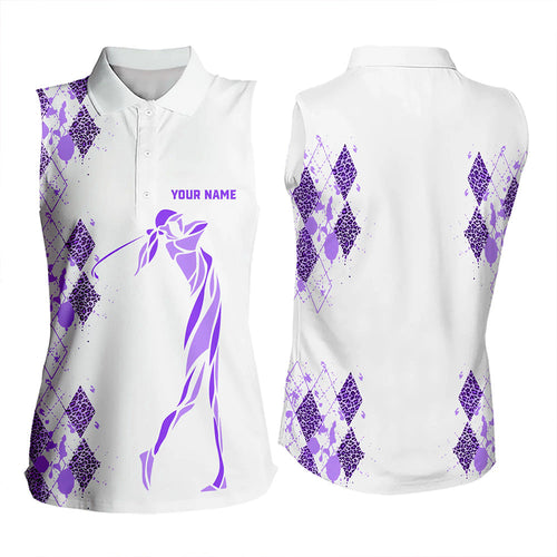 Purple Leopard argyle pattern white Women sleeveless golf polo shirt custom golf tank top for women NQS9737