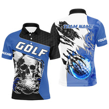 Load image into Gallery viewer, Mens golf polo shirts custom skull golf ball fire golf jerseys, unique golf gifts | Blue NQS7519