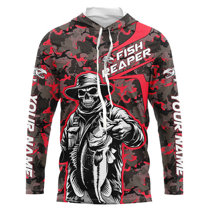 Custom Fish Reaper Skull Bass Long Sleeve Fishing Shirt, Bass Hunter Fishing Jerseys | Red Camo IPHW6506