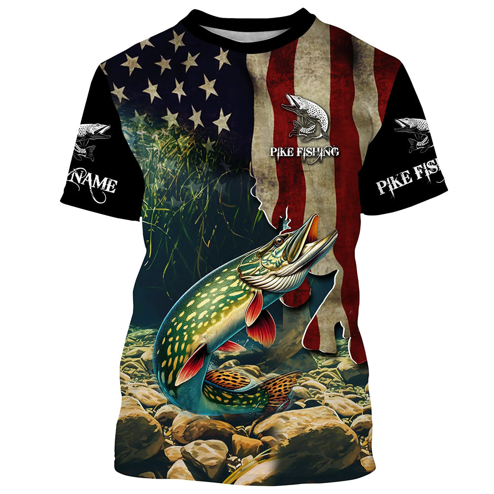 Northern Pike fishing American Flag patriotic custom name UV Protection Long Sleeve Fishing apparel NQS500