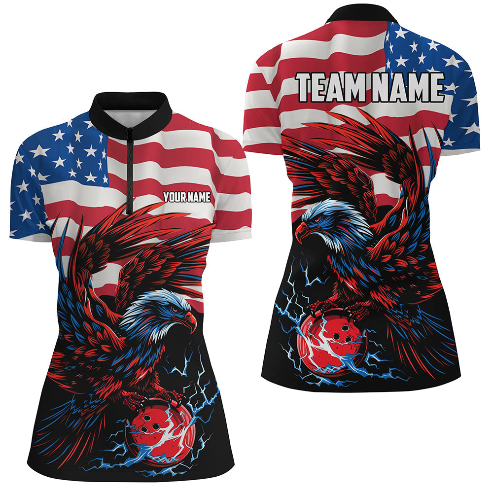 Personalized Eagle Bowling Shirts for Women, Custom Team's Name American Flag Cool Bowler Jerseys NQS7891