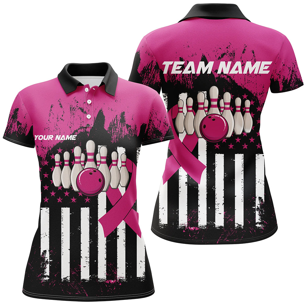 Pink and Black American flag Women Polo, 1/4 Zip Shirts Custom Breast Cancer Awareness bowling jerseys NQS8102