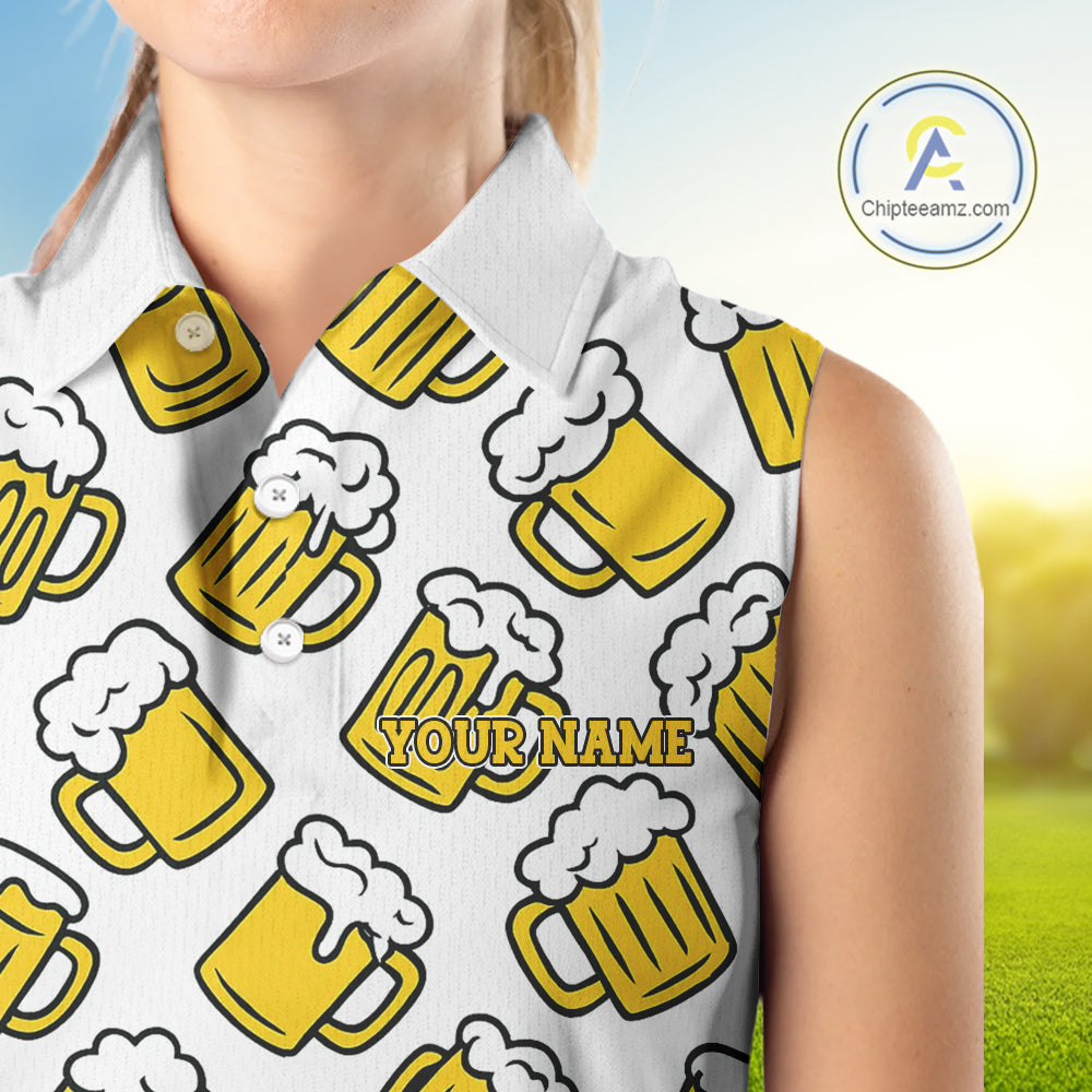 Funny Yellow beer pattern Women Sleeveless Polo shirt custom fun golf shirts, cool golf gifts NQS10301