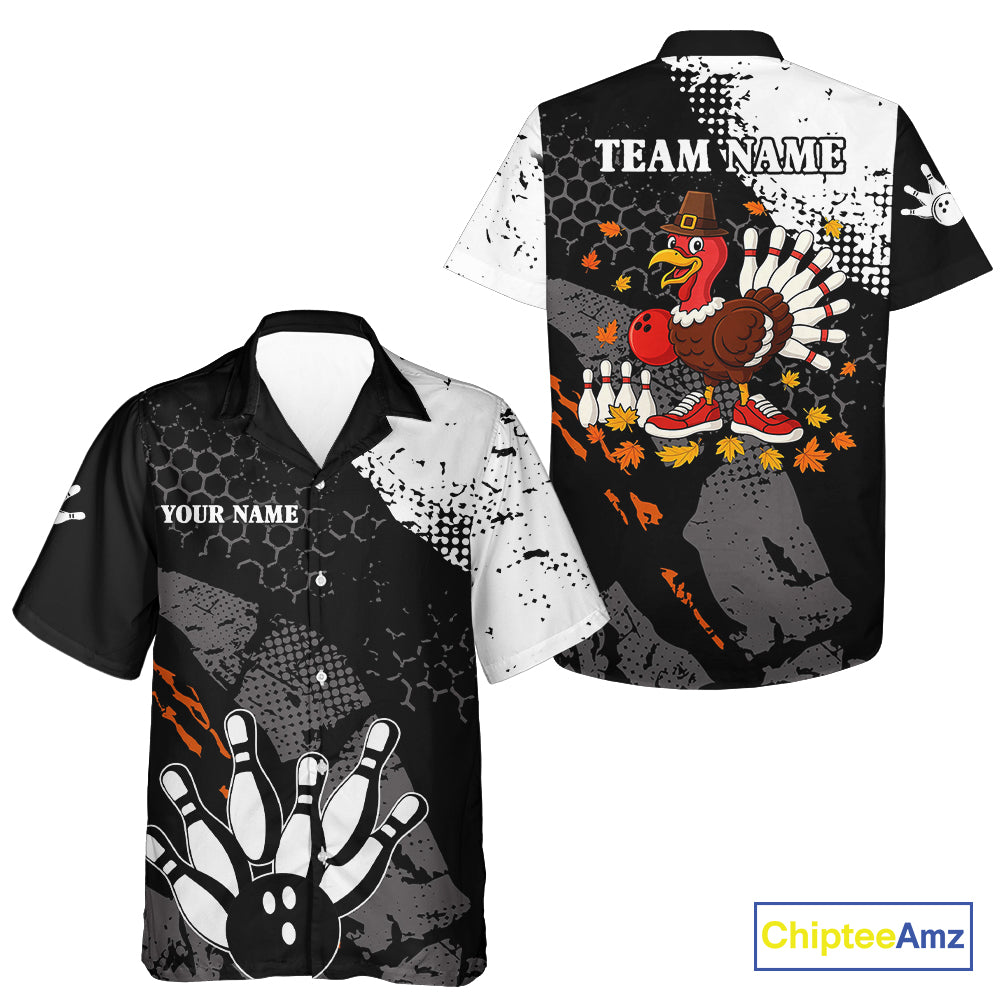 Black and white Bowling Hawaiian Shirt Custom retro Turkey bowling Thanksgiving bowling team jersey NQS10723