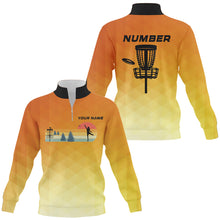 Load image into Gallery viewer, Orange gradient Retro disc golf Quarter zip sweatshirt custom name and number disc golf sweater NQS8779