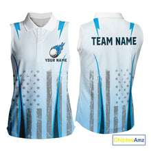 Load image into Gallery viewer, Blue American Flag Women Sleeveless Polo Shirt custom ladies&#39;s patriotic golf shirts, best golf gifts NQS10934