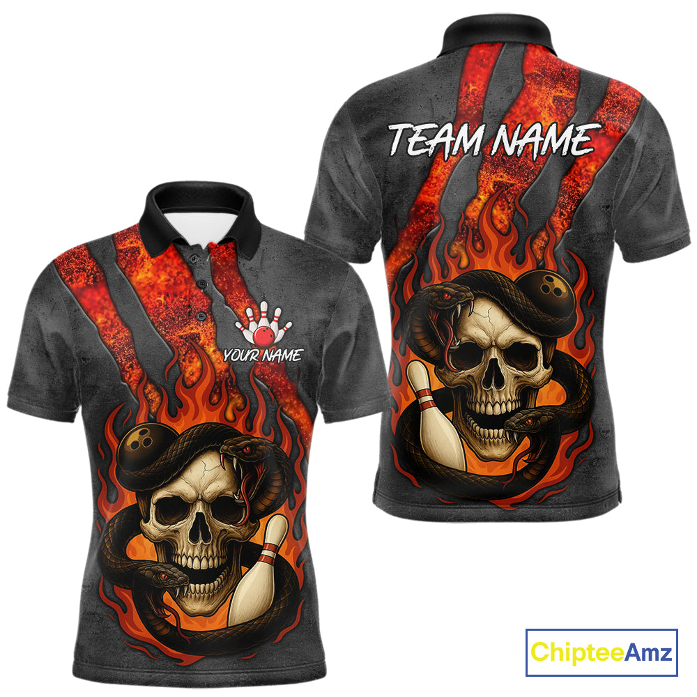 Red Flame Skull Snake Bowling Polo, Quarter Zip Shirts for Men Custom Team Bowling Jersey NQS10937