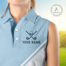 Load image into Gallery viewer, Light Blue and White Sleeveless Golf polo shirt Custom ladies&#39;s golf outfit, unique golf gifts NQS11112