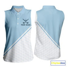 Load image into Gallery viewer, Light Blue and White Sleeveless Golf polo shirt Custom ladies&#39;s golf outfit, unique golf gifts NQS11112