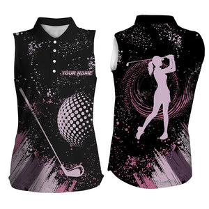 Pink and Black grunge pattern golf ball club Women Sleeveless Polo Shirt custom ladies golf attire NQS9249