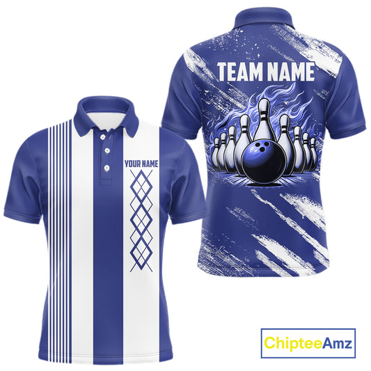 Blue and White Argyle Flame bowling Men Polo, 1/4 Quarter Zip Shirts Custom bowling team jerseys NQS11312