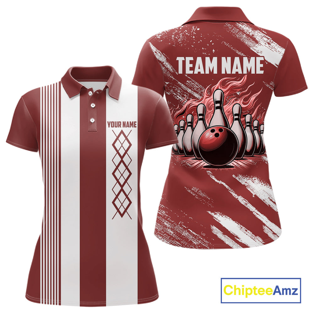 Red and White retro Argyle Flame bowling Women Polo, 1/4 Quarter Zip Shirt Custom bowling team jersey NQS11313