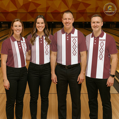 Red and White retro Argyle Flame bowling Men Polo, 1/4 Quarter Zip Shirts Custom bowling team jerseys NQS11313