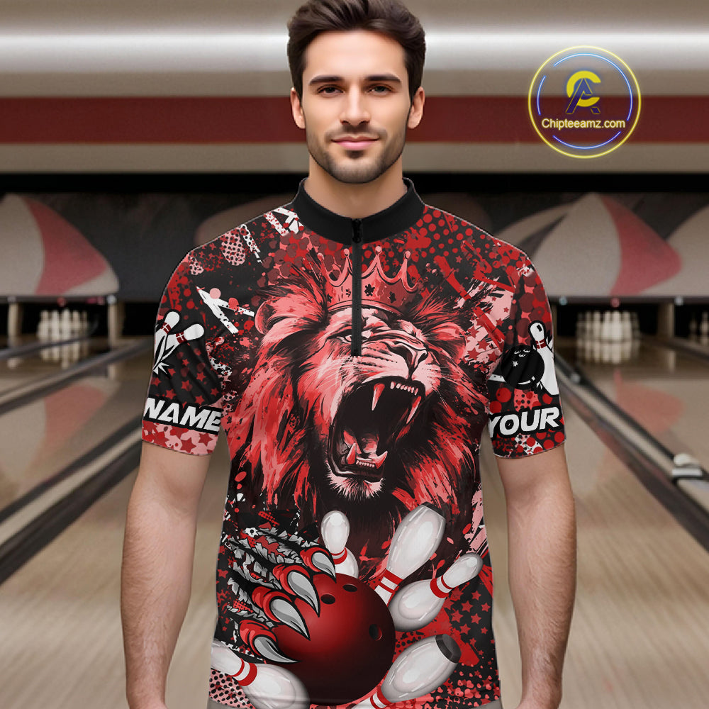 Red Camo Lion roar Bowling Polo, Quarter Zip Shirts for Men Custom Lion Bowling Team jerseys NQS11523