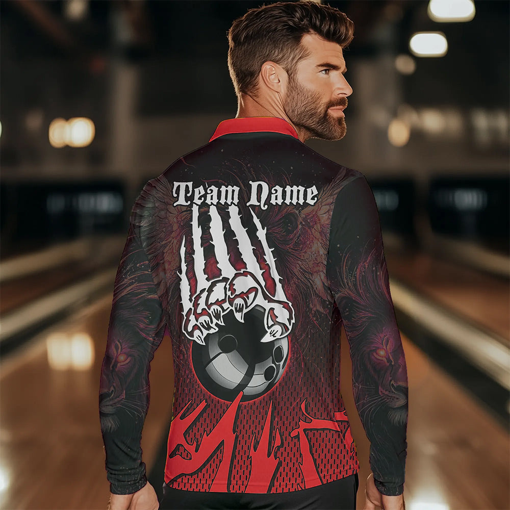 Black and Red Lion Bowling Polo, Quarter Zip Shirts For Men Custom Team Lion Bowling Jerseys NQS9598