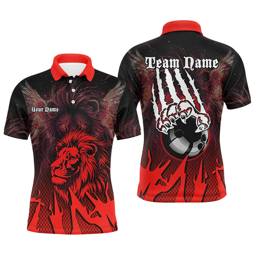 Black and Red Lion Bowling Polo, Quarter Zip Shirts For Men Custom Team Lion Bowling Jerseys NQS9598