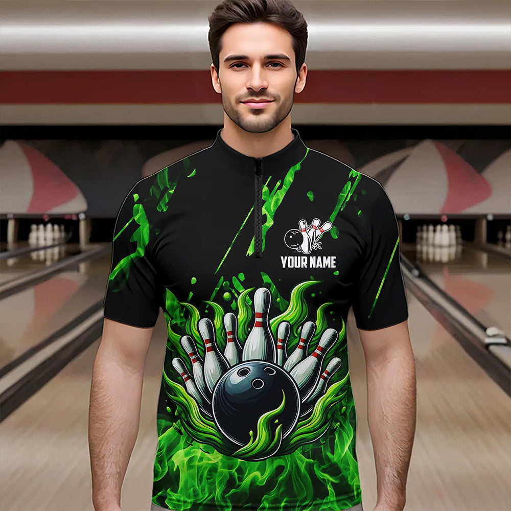 Green Flame Bowling Polo, 1/4 Zip jerseys for Men Custom St Patrick Bowling Team jerseys for bowlers NQS9600