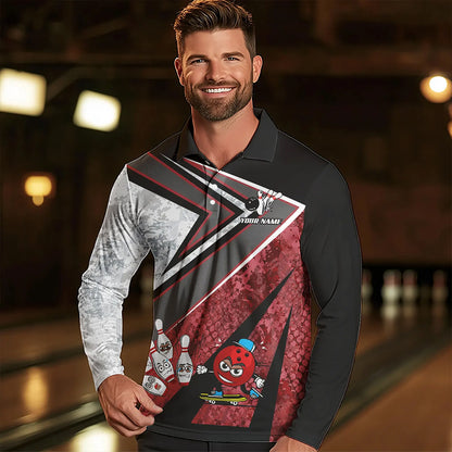 Funny Bowling ball and Pins Mens bowling shirt Custom Camo Bowling Team Jersey, gift for Bowler | Red NQS9604