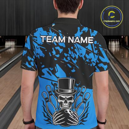 Black and Blue Camo Skull Bowling Polo, Quarter Zip Shirt for Men Custom Skull Team bowling jersey NQS10007