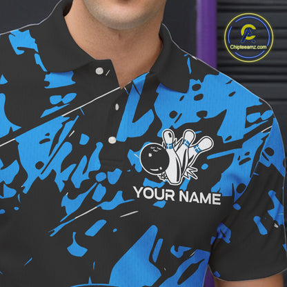 Black and Blue Camo Skull Bowling Polo, Quarter Zip Shirt for Men Custom Skull Team bowling jersey NQS10007