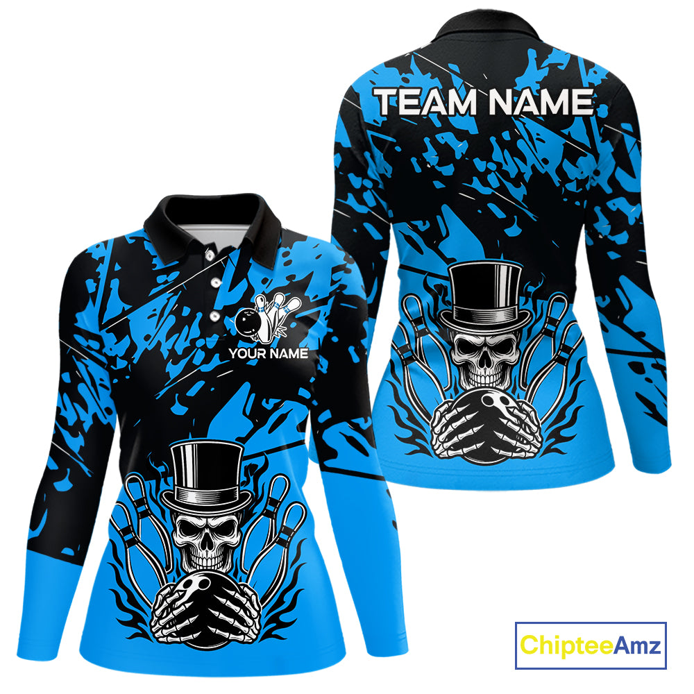 Black and Blue Camo Skull Bowling Polo, Quarter Zip Shirt for Women Custom Skull Team bowling jersey NQS10007